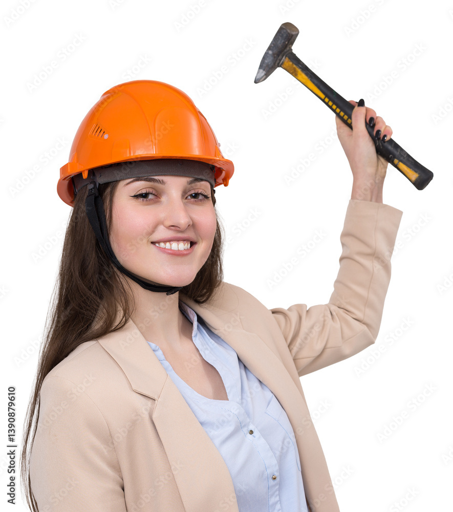 Girl engineer in an orange construction helmet with a hammer on a white background. Girl engineer in an orange construction helmet with a hammer on a white background.