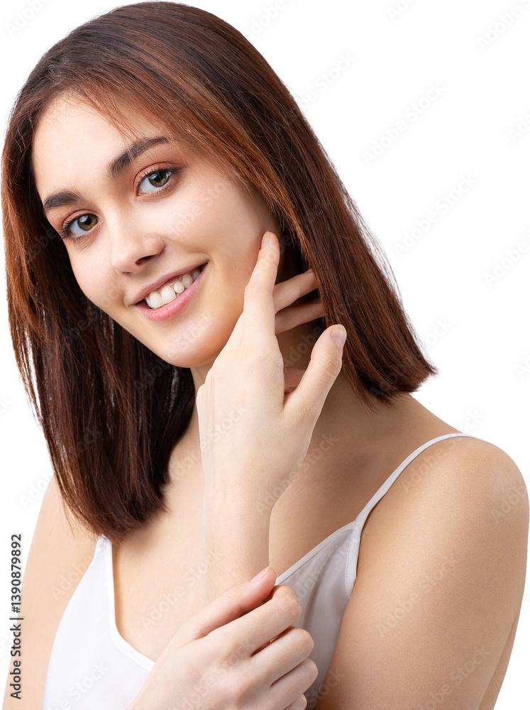 Beautiful smiling woman with clean skin, natural make-up and white teeth on a gray background Beautiful smiling woman with clean skin, natural make-up and white teeth on a gray background