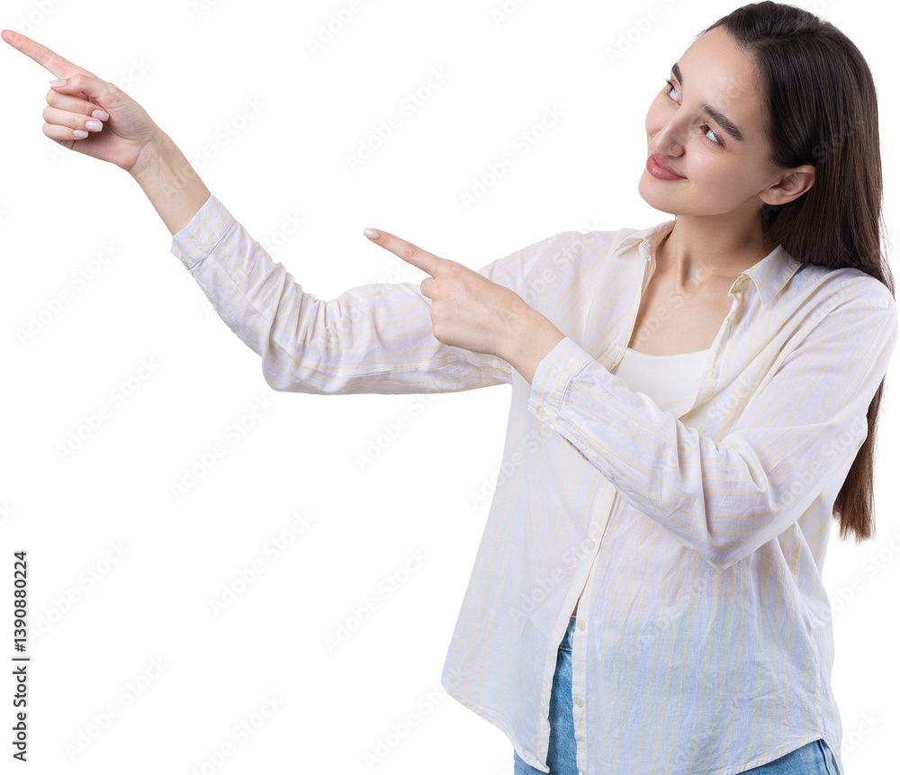 Happy young caucasian female in a shirt pointing fingers away Happy young caucasian female in a shirt pointing fingers away