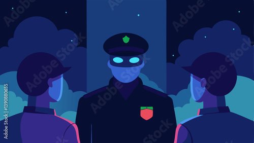 Night Vision Goggles A depiction of a police officer wearing night vision goggles observing a nighttime exchange between two shady figures in a dimly lit area.