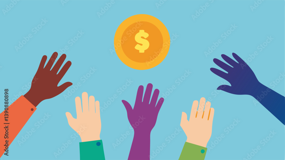 Obraz premium Diverse Hands Holding Coins A graphic of diverse hands reaching for a single digital coin but with differing lengths indicating the struggle and varying chances of success in