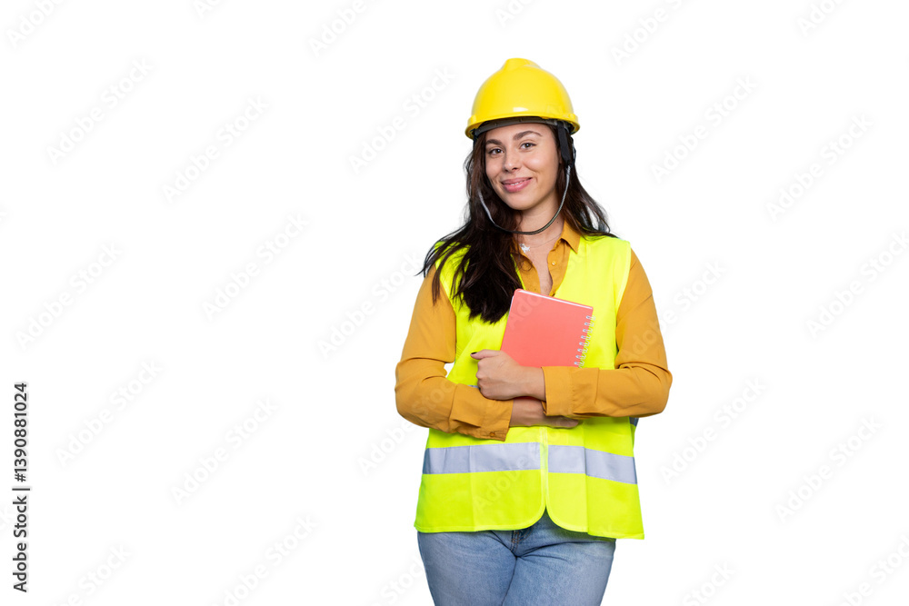 Confident female architect or engineer smiling, holding a notebook, wearing safety vest and helmet, isolated on transparent background Confident female architect or engineer smiling, holding a notebook, wearing safety vest and helmet, isolated on transparent background