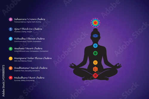 Seven Chakra Energy System – A Color-Coded Spiritual Guide to Inner Harmony, Healing, and Self-Realization Through the Ancient Yogic Wisdom of the Subtle Body - Vector, Eps