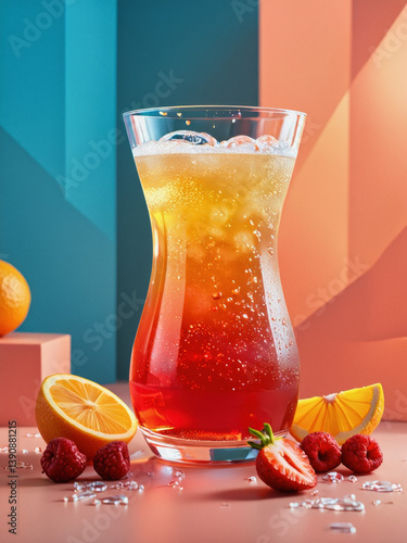 Vivid design food and beverage advertisement: A refreshing glass of orange-raspberry iced beverage sparkles with bubbles and is garnished with fruit slices and berries against a vibrant, geometric b