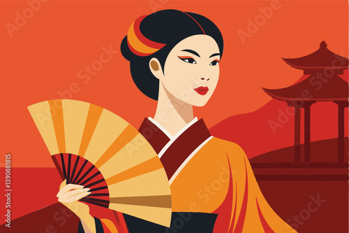 Elegant Japanese Geisha with fan in traditional attire vector flat illustration