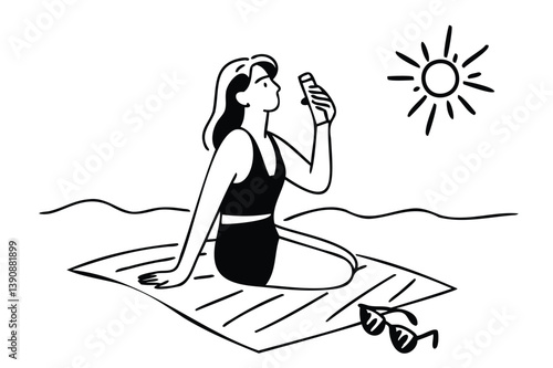 Woman applying sunscreen on a sunny beach day during summer vacation