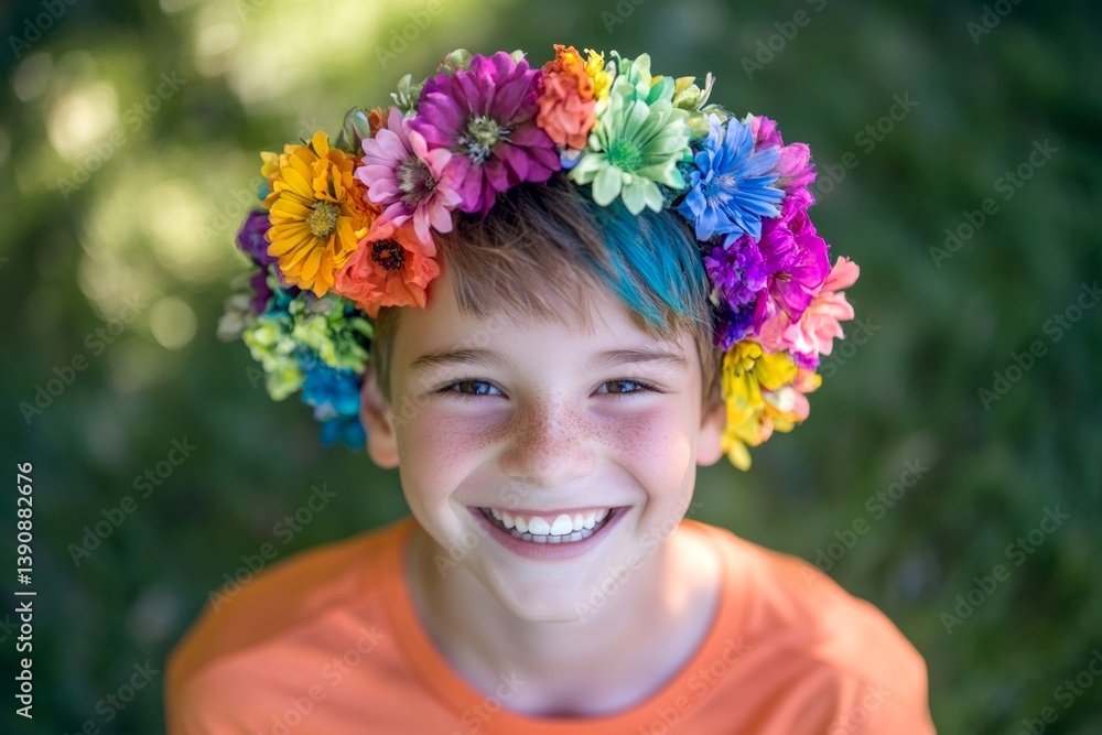 Happy caucasian child boy with multi-color hair wearing multi-colored flower crown on his head. Sunny daylight. Happy holiday season holidays conceptual art. Summer fun for children. Happy caucasian child boy with multi-color hair wearing multi-colored flower crown on his head. Sunny daylight. Happy holiday season holidays conceptual art. Summer fun for children.
