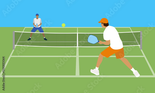 Two players engaging in a competitive pickleball match