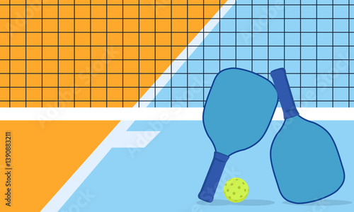 Pickleball equipment on court with net background