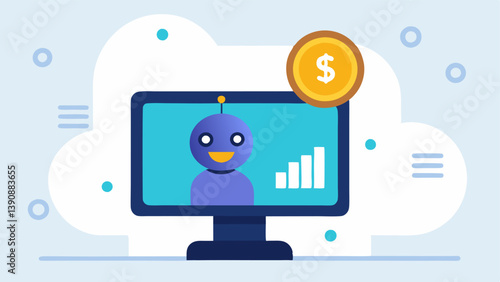 247 Monitoring A chatbot on a computer screen with a clock above it indicating its nonstop work in observing and trading in the cryptocurrency market day and night.
