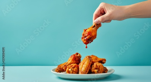 Person holding spicy chicken wing above plate with blue background