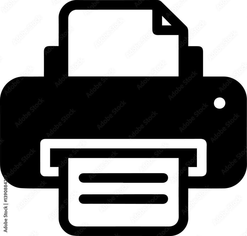 Black and white vector icon, printer with an outgoing sheet of paper, representing office equipment and document processing, bold outline, transparent background Black and white vector icon, printer with an outgoing sheet of paper, representing office equipment and document processing, bold outline, transparent background