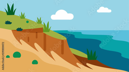 Eroding Shoreline A coastal scene where invasive species have contributed to soil erosion with native plants washed away showcasing the impact on habitat stability.
