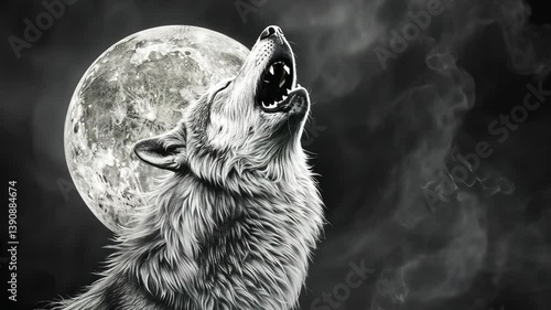 Intricate pencil sketch of a wolf howling at the moon, capturing wild essence