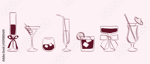 Cold drinks and cocktails. Hand drawn coquette drawing. Cute glasses with ribbon and bow for menu in crayon and sketch style. Doodle contour vector illustration