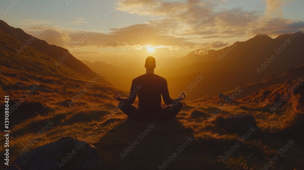 Man meditating in lotus pose at sunset in mountains. Man meditating in lotus pose at sunset in mountains.