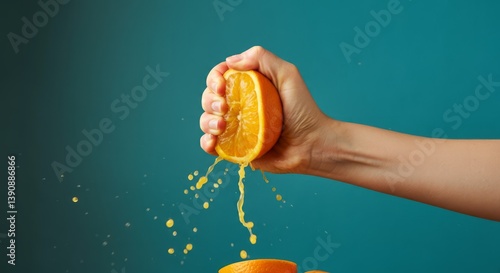 Juicy orange squeeze hand action against teal background