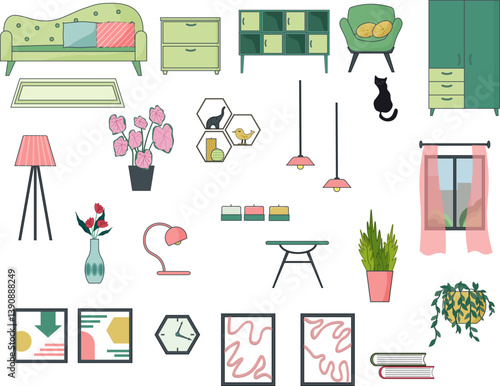 Set of living room interior elements. Sofa and nightstand, armchair and wardrobe. Window and shelves for decor, figurines and flowers. Modern minimalist design. Flat drawing with outline. Vector