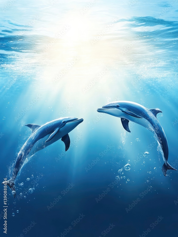 Fototapeta premium Two Dolphins Swimming Underwater in Sunlit Ocean Creating a Peaceful Scene