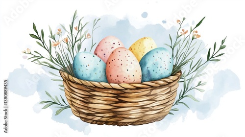 Wallpaper Mural Colorful Easter eggs in woven basket with flowers, watercolor illustration Torontodigital.ca