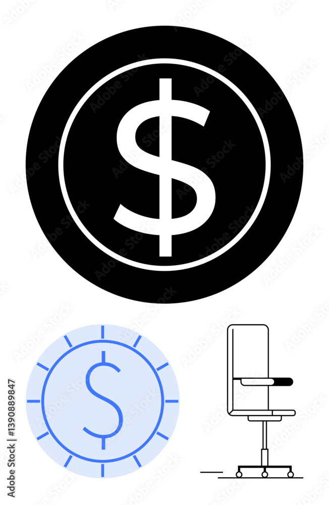 Obraz premium Large dollar sign coins alongside an office swivel chair. Ideal for finance, work, business, investment, economics, salary, and productivity themes. Flat simple metaphor