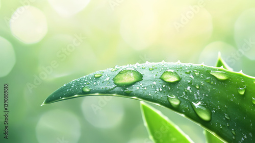 Close-up aloe vera leaves with water drops on the surface, succulent plant texture and transparency of drops on calm green background. Copy space, place for text, banner