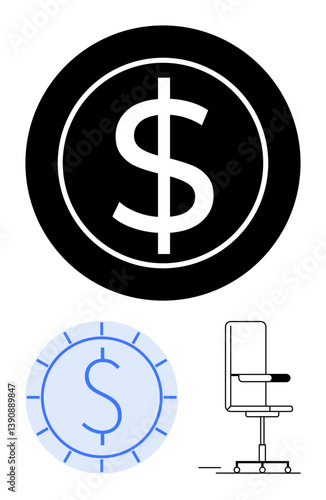Large dollar sign coins alongside an office swivel chair. Ideal for finance, work, business, investment, economics, salary, and productivity themes. Flat simple metaphor