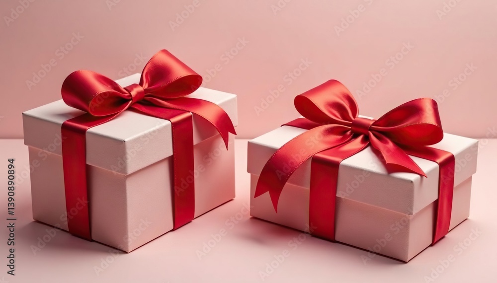 Fototapeta premium Elegant red ribbon tied gift boxes, gold accents, stylish, vintage, surface