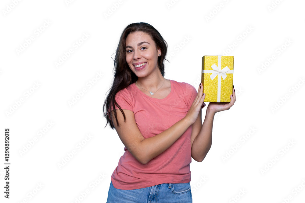 Happy woman showing golden gift box with white bow, isolated on transparent background Happy woman showing golden gift box with white bow, isolated on transparent background
