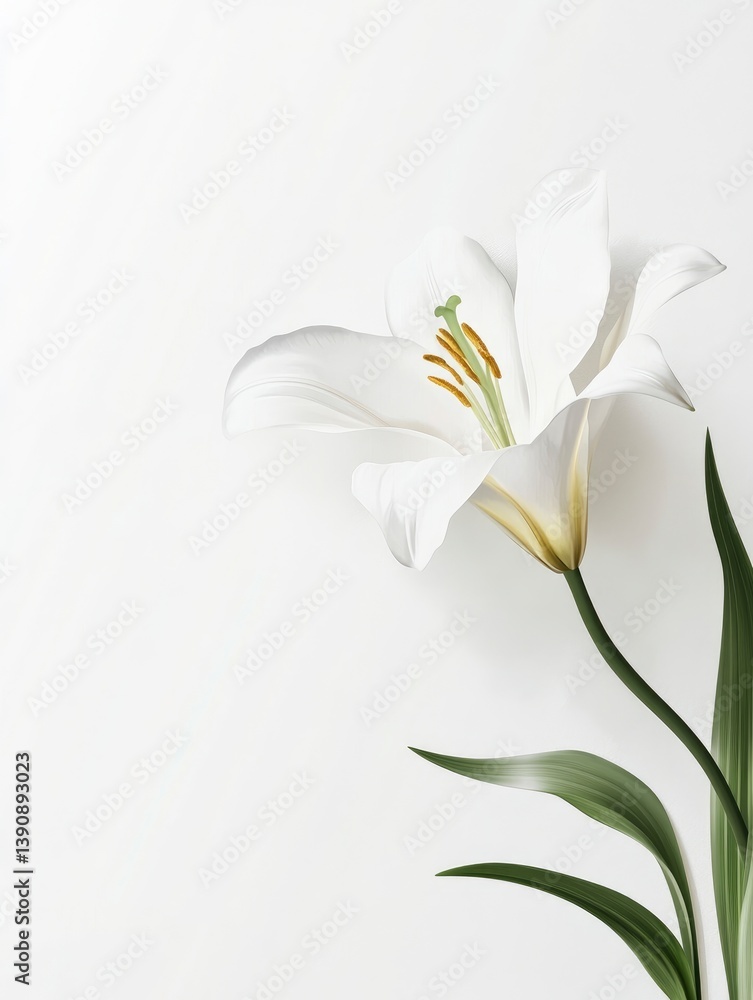 Fototapeta premium Elegant White Lily Flower Blossom on Clean Background with Copy Space