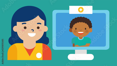 ChildFriendly Consultation A pediatric nurse smiling and engaging with a young child through a colorful video interface capturing the attention of the little one.