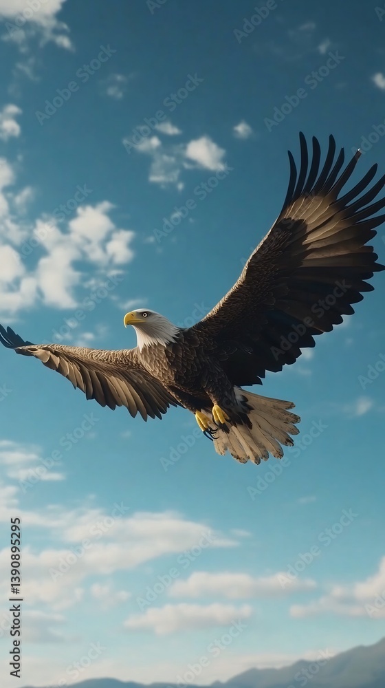 Obraz premium Photorealistic image of a bald eagle soaring through the sky cinematic grading 8k resolution proportionate anatomy
