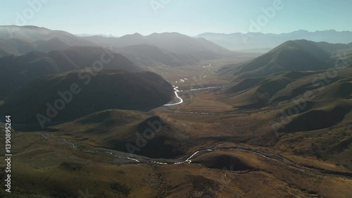 A drone clip looking down a huge mountain valley in new Zealand.