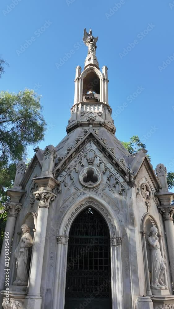 Neo-Gothic White Stone Mausoleum in Cemetery Neo-Gothic White Stone Mausoleum in Cemetery