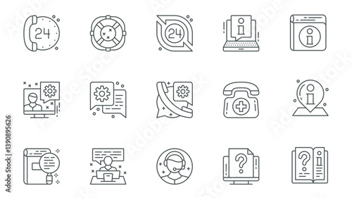 Customer service icons set in outline stroke design for web. Pack line pictograms with client call, information, online assistance, help, message, solution, support chat, other. Vector illustration.