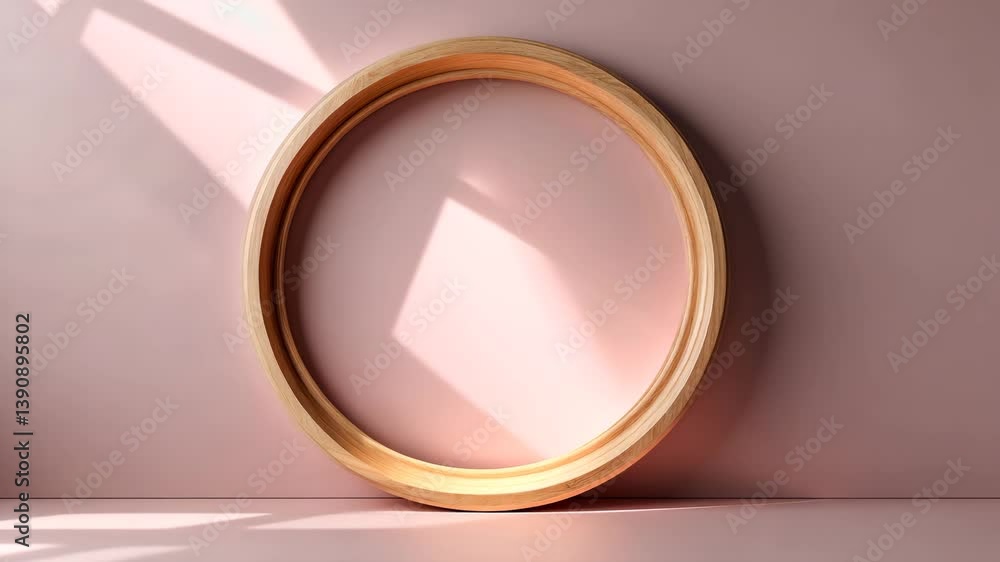 Elegant wooden round frame mockup displayed on a soft pink blank poster background. Elegant wooden round frame mockup displayed on a soft pink blank poster background.