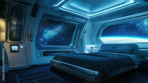 Fototapeta Naklejka Na Ścianę i Meble -  A futuristic bedroom in a space station with a large window revealing a stunning view of the galaxy. creating a serene atmosphere for relaxation and contemplation