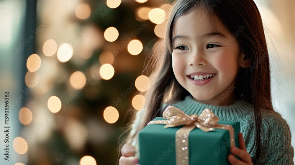 Happy child holding christmas present with blurred lights in background Happy child holding christmas present with blurred lights in background