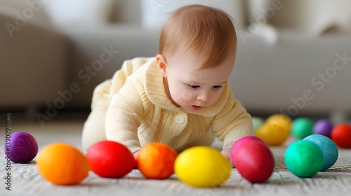 Baby crawls across floor toward colorful toy eggs in soft light. The image captures the wonder and exploration of childhood.