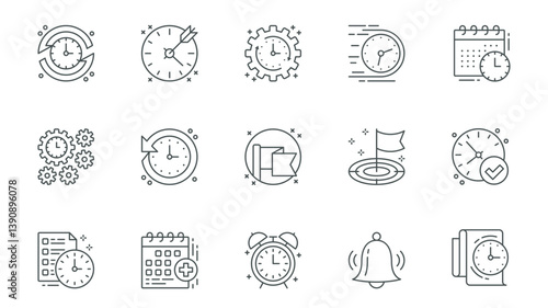 Scheduling icons set in outline stroke design for web. Pack line pictograms with time management, target, fast process, deadline, calendar, planning schedule, countdown, other. Vector illustration.