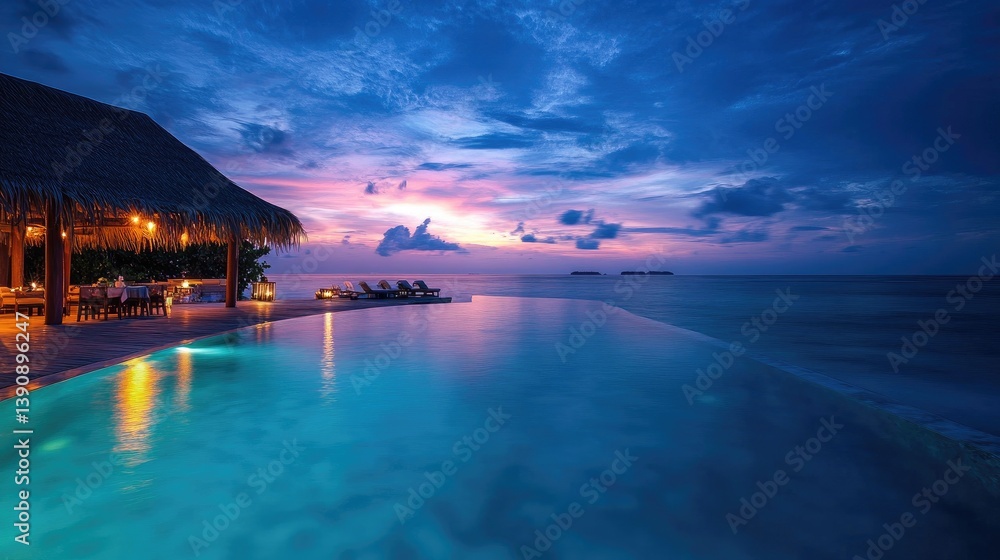 Serene Tropical Resort Evening with Infinity Pool Overlooking Tranquil Ocean and Colorful Sky at Twilight Serene Tropical Resort Evening with Infinity Pool Overlooking Tranquil Ocean and Colorful Sky at Twilight