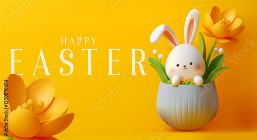 Happy easter design, poster, greetings. Easter Egg with Bunny Ears. Easter banner on yellow background, Illustration. 3D. Luxury Easter card, hunt celebration design. Template with eggs. Egg Hunt