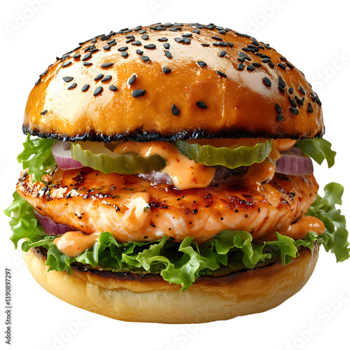 Sweet Chili Salmon Burger Isolated on Transparent Background