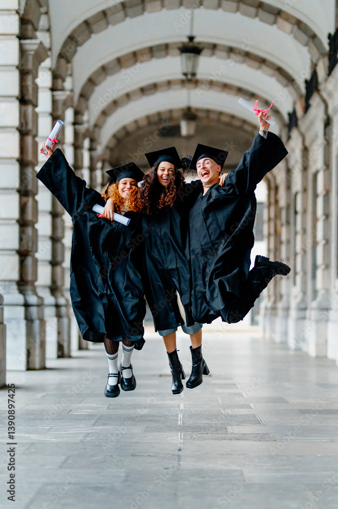 Three cheerful students wearing graduation gowns and caps jumping together, celebrating their academic achievement