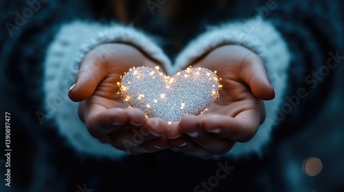 Warm hands hold glowing heart