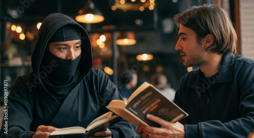 Asian male ninja and caucasian male young adults reading books in modern cafe
