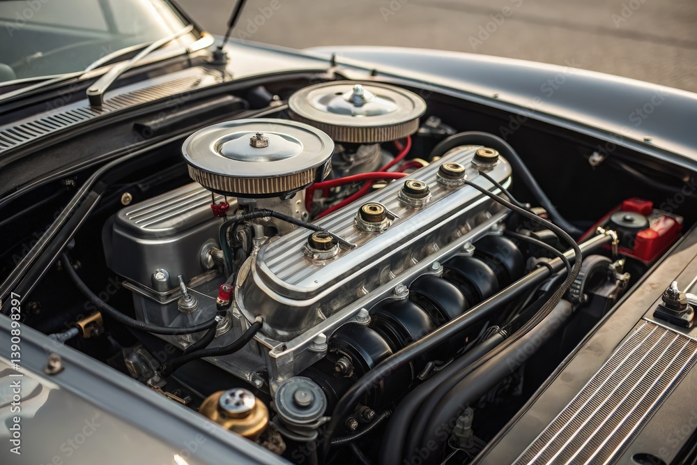 Fototapeta premium Classic Car Engine Close-Up in a Vintage Vehicle Display Generative AI
