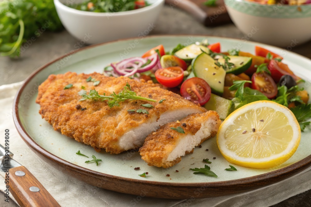 Crispy Fish Fillet Served With Fresh Garden Salad and Lemon Generative AI Crispy Fish Fillet Served With Fresh Garden Salad and Lemon Generative AI