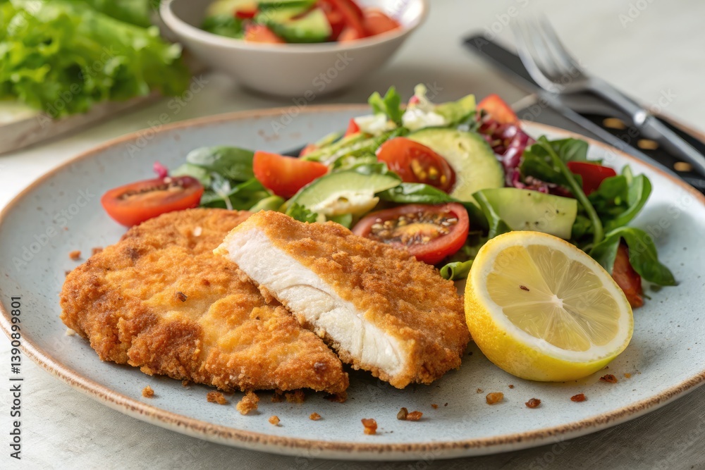 Crispy Fried Chicken With Fresh Garden Salad and Lemon Wedge Generative AI Crispy Fried Chicken With Fresh Garden Salad and Lemon Wedge Generative AI