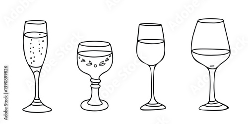 Set of Wine Glasses. White and Red, Champagne or Sparkling Wine Glassware, Roman Glass. Hand drawn Vector illustration, line art, Doodle style. For Bar menu, logo, cards.